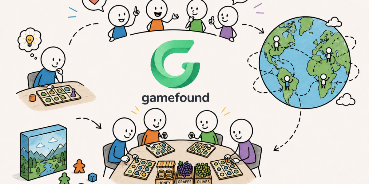 Cartoonillustratie van Borbata-spelers die ideeën delen, solo en samen spelen, met het Gamefound-logo en een wereldbol als symbool voor wereldwijde distributie.