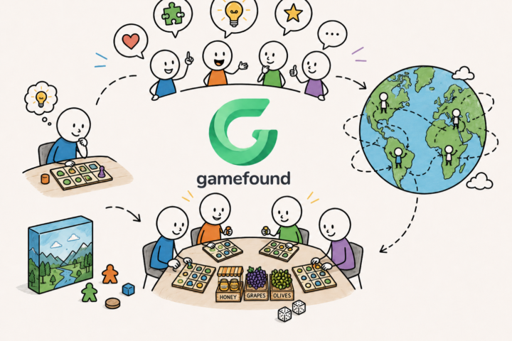 Cartoonillustratie van Borbata-spelers die ideeën delen, solo en samen spelen, met het Gamefound-logo en een wereldbol als symbool voor wereldwijde distributie.