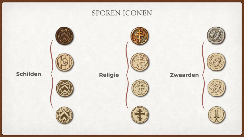 Eerste concepticonen voor Borbata, waaronder schild-, religie- en zwaardtrackiconen