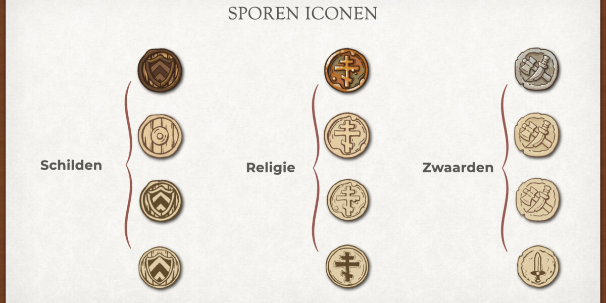 Eerste concepticonen voor Borbata, waaronder schild-, religie- en zwaardtrackiconen