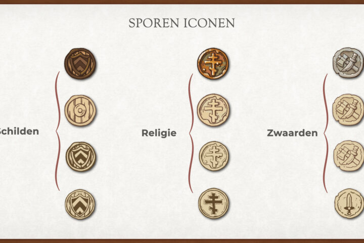 Eerste concepticonen voor Borbata, waaronder schild-, religie- en zwaardtrackiconen