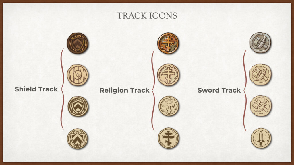 First concept icons for Borbata, including shield, religion and sword track icons