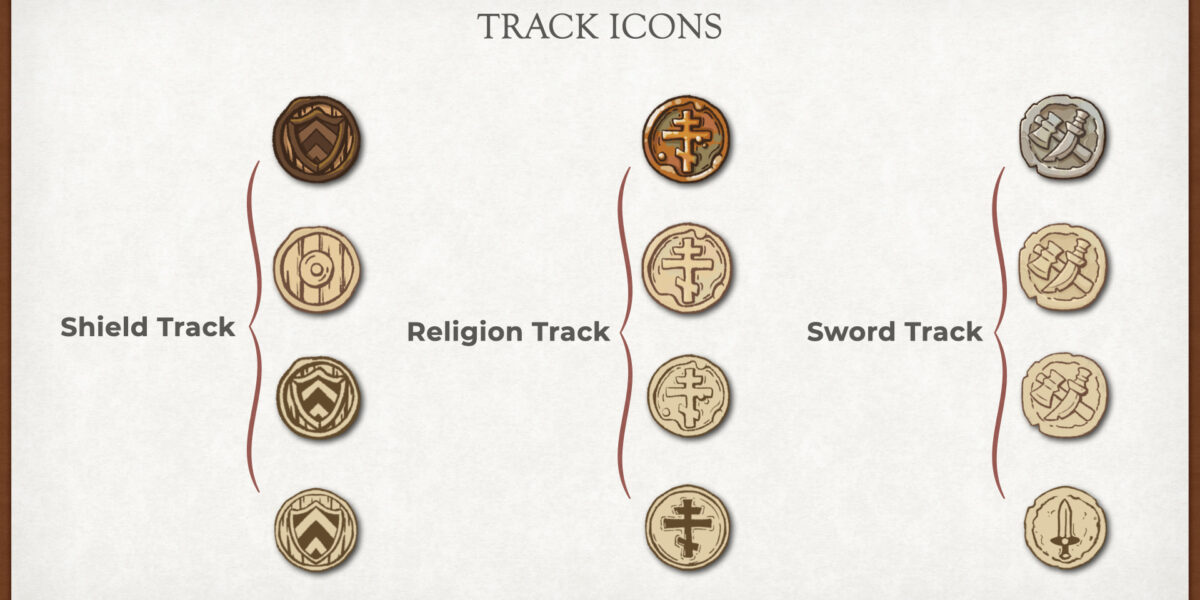 First concept icons for Borbata, including shield, religion and sword track icons