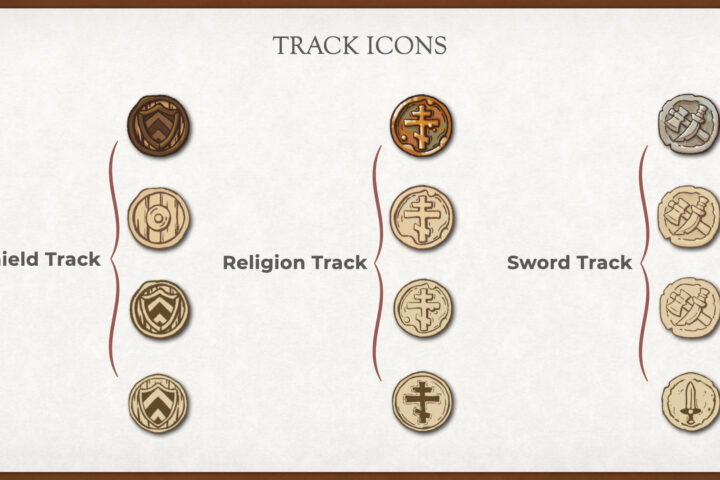 First concept icons for Borbata, including shield, religion and sword track icons