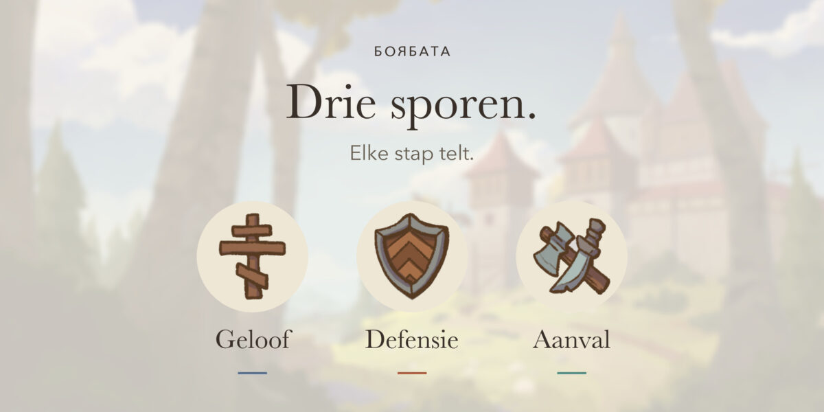 De drie sporen in Borbata: geloof, defensie en aanval, met de originele iconen op een zacht vervaagde achtergrond van de boxart. Tekst: Drie sporen. Elke stap telt.