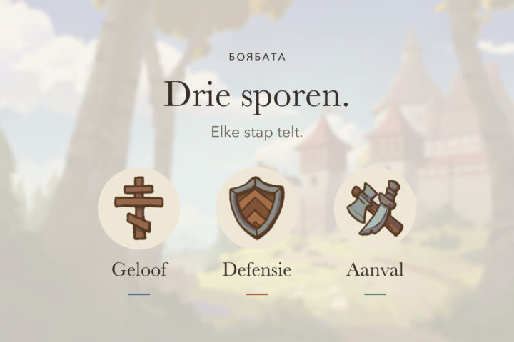 De drie sporen in Borbata: geloof, defensie en aanval, met de originele iconen op een zacht vervaagde achtergrond van de boxart. Tekst: Drie sporen. Elke stap telt.